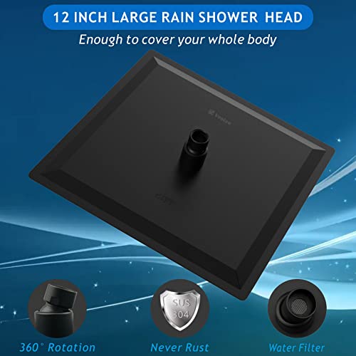 Voolan All Metal Shower Head with Extension Arm, Stainless Steel Waterfall Rainfall Showerheads, High Flow Bathroom Square Rain Shower Head (12’’ Shower Head with 16’’ Shower Arm, Black) - color: Matte Black, size: 12’’ Shower Head with 16’’ Shower Arm