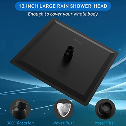 Voolan All Metal Shower Head with Extension Arm, Stainless Steel Waterfall Rainfall Showerheads, High Flow Bathroom Square Rain Shower Head (12’’ Shower Head with 16’’ Shower Arm, Black) - color: Matte Black, size: 12’’ Shower Head with 16’’ Shower Arm