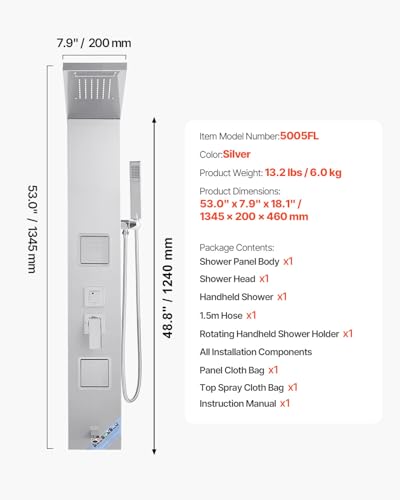 VEVOR Shower Panel Tower System with Rainfall Waterfall Shower Head, 53 in Brushed Stainless Steel Shower Column, 5-Function Faucet, Wall-Mount Rain Massage System with 2 Body Jet, Handheld, Tub Spout