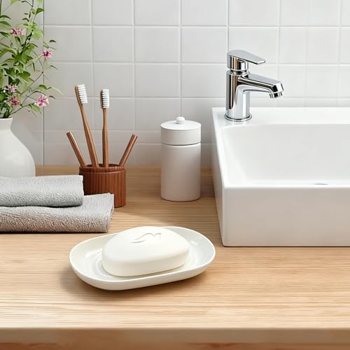 Ceramic Soap Dish for Bath Sink- Modern White Bar Soap Holder for Shower - Easy to Clean Multi-Purpose Oval Soap Dishes for Soap Bar, Sponges, Jewelry, Small Items | Fits Bathroom & Kitchen - color: White- Smooth Glossy