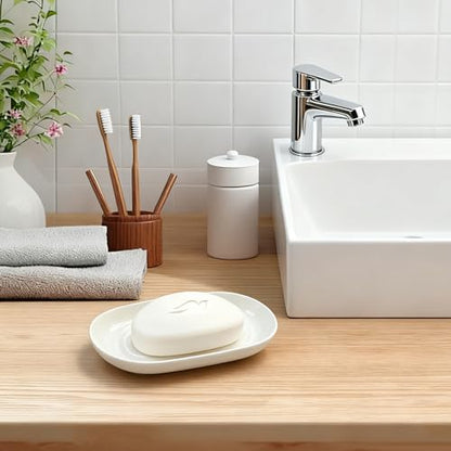 Ceramic Soap Dish for Bath Sink- Modern White Bar Soap Holder for Shower - Easy to Clean Multi-Purpose Oval Soap Dishes for Soap Bar, Sponges, Jewelry, Small Items | Fits Bathroom & Kitchen - color: White- Smooth Glossy