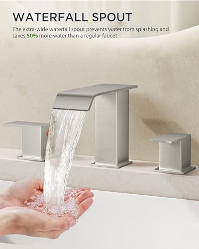 FORIOUS Bathroom Faucet 3 Hole 8" Widespread Sink Faucets Brushed Nickel | 3-hole 4-12 Inch Widespread Sink, Square Waterfall Spout, with Drain and Hoses,for Vanity Rv Commercial Lavatory Restroom - color: Stainless Steel