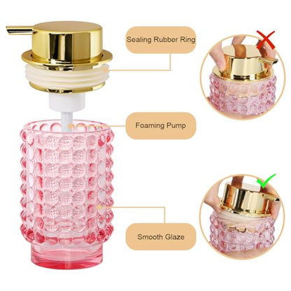 Glass Foaming Soap Dispenser, Pink Foam Hand Soap Dispenser, Bathroom 12 Oz Large Bottle with Gold Pump, Refillable Lotion Pump Container for Bathroom, Kitchen,Hand Soap, Dish Soap, Shampoo - color: Pink
