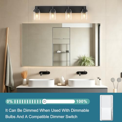 Matte Black Bathroom Light Fixtures, Modern Vanity Lights with Clear Glass Lamp Shade, Bathroom Lighting Fixtures Over Mirror, Restroom Vanity Lighting Fixture, 4-Light 30 Inch - color: Blakc, size: 4-Light