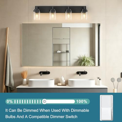 Matte Black Bathroom Light Fixtures, Modern Vanity Lights with Clear Glass Lamp Shade, Bathroom Lighting Fixtures Over Mirror, Restroom Vanity Lighting Fixture, 4-Light 30 Inch - color: Blakc, size: 4-Light