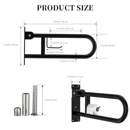 Toilet Grab Bar 24 Inch,YuanDe Matte Black Anti-Slip U-Flip-Up Handrails | Stainless Steel,Knurled Grip, Paper Holder, Toilet-Side Use, Sit/Stand Assistance, Elderly/Disabled/Pregnant Safety Assist - color: Matte Black, size: 24 IN