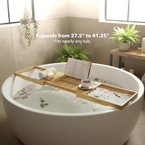 OVENTE Expandable Bamboo Bathtub Tray Caddy, Foldable Bath Tray, BTC20228 | With Book, Tablet, Phone & Wine Glass Holders, Bathroom Accessories & Home Spa Essentials, Easy to Store, Great Gift Idea