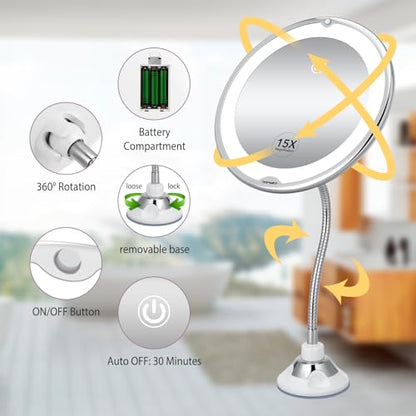 Flexible 15X Magnifying Suction Mirror - Dimmable LED Vanity Mirror, Power Suction Cup, Portable for Home Bathroom - Ideal for Detailed Makeup Eyeshadow Eyeliner (Large)
