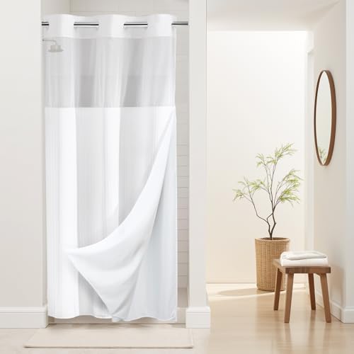 RiverDream Heavyweight Waffle No Hook Shower Curtain with Liner,White,36x74 | Dotted Waffle,Snap-in Liner,Heavy Duty,Quick Dry,Mesh Top Window,With Bottom Magnets,Hotel-Grade,Washable,Small Stall Size - color: White, size: 36"W x 74"L (Pack of 1)