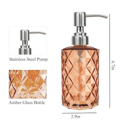 12Oz Amber Glass Soap Dispenser, Liquid Hand Bottle, Stainless Steel Pump | Refillable Clear Kitchen Soap Dispenser with Diamond Design, for Hand soap, Dish Soap, Lotion, Bathroom, Countertop, Hotel - color: Amber Diamond