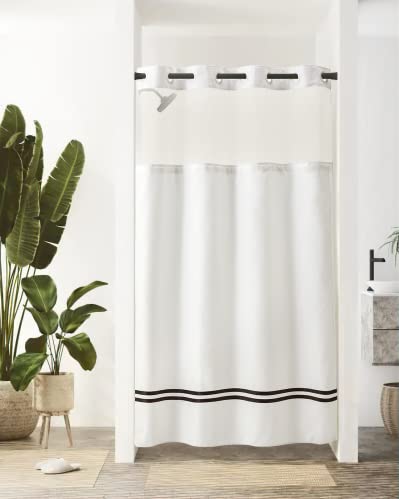 River Dream Stall Shower Curtain with Snap in Liner,No Hooks Needed Shower Curtain for Bathroom,Hotel Grade,Machine Washable,54" W×80" H,White,with Black Stripe and Magnets - color: Black Stripe, size: 54"W x 80"L (Pack of 1)