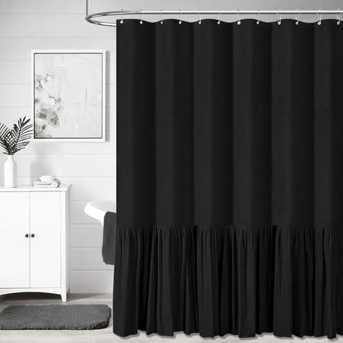 BTTN Stall Linen Ruffle Modern Farmhouse Cloth Shower Curtain, 60x72, Black | Ruffle Hem, Heavy Duty Fabric, 10 Hooks, Elegant Drape, Shabby Chic Style, Bathroom Decor, Machine Washable, Easy To Install - color: Black, size: 60"W x 72"L (Pack of 1)