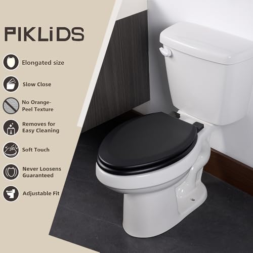 Toilet Seat, Slow Close, Soft Touch, Ultra-Smooth Matte Finish (No Orange-Peel Texture), Premium Moulded Wood, Quick Release, PIKLiDS (Black, Elongated) - color: Black, size: Elongated