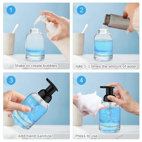 250ml 2 Pack Reusable Glass Foaming Dispenser Bottles Refillable Pump Containers for Shower Gel,Soap & Skincare Solutions