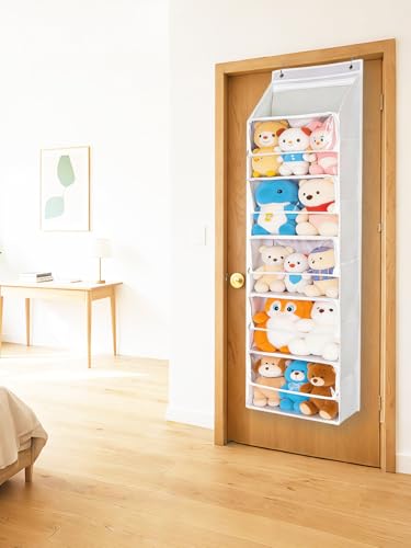 Over Door Storage Bag with Zippered Closure, 6 Tier Hanging Organizer, Behind Door Stuffed Animal/Toy/Plush Holder, Clear Window, Home Organization for Bathroom/Bedroom/Closet/Nursery, 1Pack,Beige