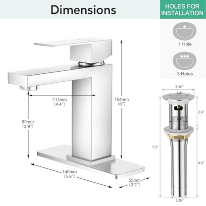 Faustina Polished Chrome Bathroom Faucet, Single Handle Stainless Steel Bathroom Vanity Faucet with Metal Pop-Up Drain and Deck Plate for 1 or 3 Hole - color: Chrome, style: Classic