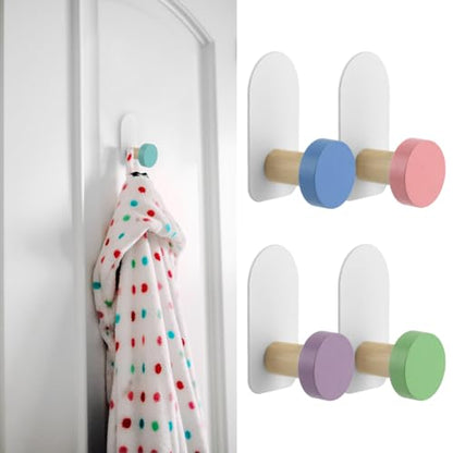 5Pcs Self Adhesive Hooks, Wooden Coat Hook in Animal Shapes, Multi Purpose Stick on Hooks Holder Wall Hook Door Hooks for Tea Towel Coat Kitchen Bathroom(Macaron Round)