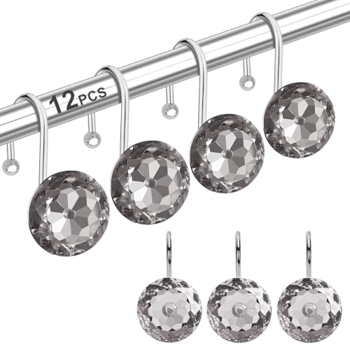 12PCS Shower Curtain Hooks Rings for Bathroom, Round Stainless Steel Rust Proof Crystal Rhinestones Bling Shower Curtain Rings Hangers for Shower Curtains Decorative, Clothing, Towels, etc. (Grey) - color: Grey, size: 12pcs