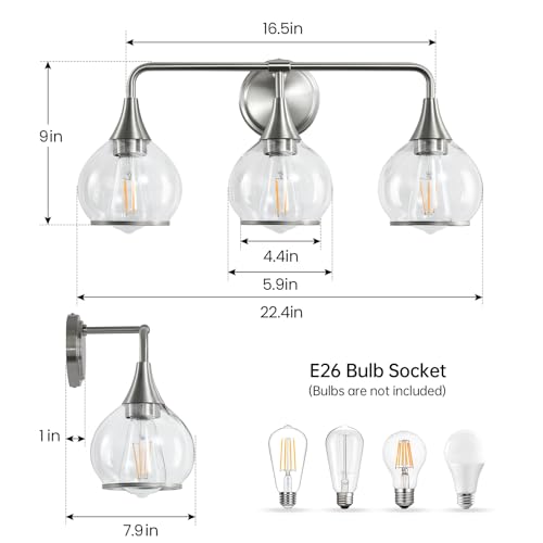 Brushed Nickel Bathroom Vanity Light 3 Lights Bathroom Light Fixtures Over Mirror with Clear Glass Shade 22.4 inch Wall Sconces Lighting Bath(Exclude E26 Bulb) - color: Brushed Nickel, size: 3 Light