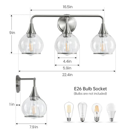 Brushed Nickel Bathroom Vanity Light 3 Lights Bathroom Light Fixtures Over Mirror with Clear Glass Shade 22.4 inch Wall Sconces Lighting Bath(Exclude E26 Bulb) - color: Brushed Nickel, size: 3 Light