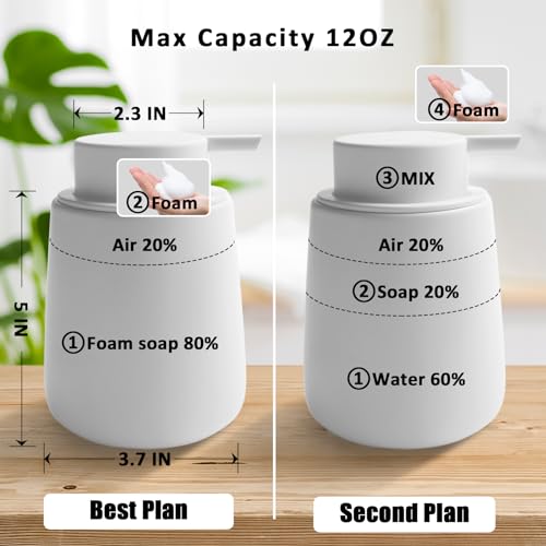Soap Foaming Dispenser Ceramic with Easy-to-Press Pump Hand Foam Dispenser for Shampoo Bathroom Kitchen 12 oz 2pcs - color: Foam-white