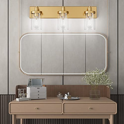 Aipsun Gold Vanity Light 3 Lights Bathroom Vanity Lighting Fixtures Over Mirror Bathroom Wall Light with Clear Glass Shade(Exclude Bulb) - color: Gold, size: 3-Light