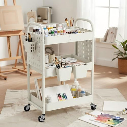 Craft Cart, Black Rolling Cart with Retractable Dividers & DIY Pegboards for Kitchen, Bedroom, Laundry - color: White