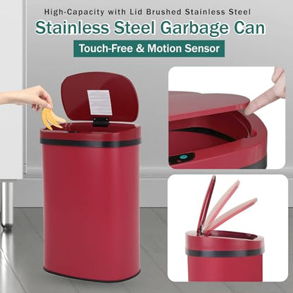 PayLessHere 13 Gallon Kitchen Trash Can Automatic Garbage Can with Lid 50 Liter Touch Free High-Capacity Brushed Stainless Steel Waste Bin for Bathroom Bedroom Home Office (Red) - color: Red