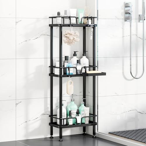 HapiRm Standing Corner Shower Caddy - 3 Tier Corner Shower Organizer with Soap Holder, Rustproof Stainless Steel Bathroom Shelf with 4 Hooks, Black - color: Black