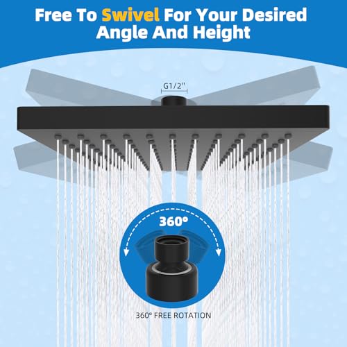 Hibbent cUPC Certified Thickness Metal 8'' Rain Shower Head, Matte Black | High Pressure Shower Head, Bathroom Waterfall Shower Heads, High Flow Fixed Showerheads with Adjustable Brass Ball Joint - color: Matte Black, style: Square 8''