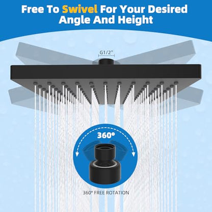 Hibbent cUPC Certified Thickness Metal 8'' Rain Shower Head, Matte Black | High Pressure Shower Head, Bathroom Waterfall Shower Heads, High Flow Fixed Showerheads with Adjustable Brass Ball Joint - color: Matte Black, style: Square 8''