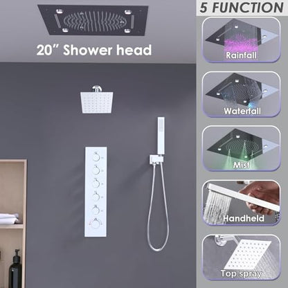 Enga Luxury Dual Shower Head System LED Thermostatic Shower System with 6 inch Wall Shower, 20-Inch 3 Function Shower Head (Rainfall & Mist & Waterfall), Chrome - color: Chrome, style: 20" Head (Rain + Mist+Waterfall) - 6" Head