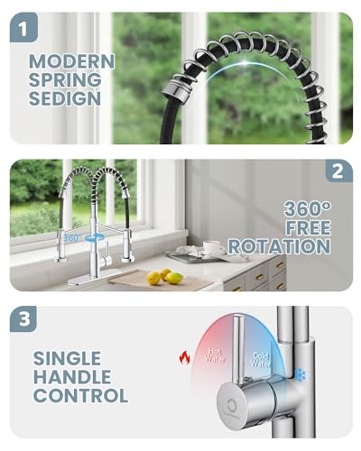 Kitchen Faucet,Chrome Kitchen Faucet with Soap Dispenser and Deck Plate,Faucet for Camper Farmhouse RV Kitchen Sink,Single Handle Stainless Steel Kitchen Sink Faucets with Pull Down Sprayer - color: E-Chrome Polished, style: Contemporary