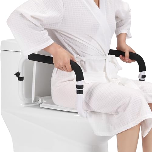 Toilet Safety Rails for Seniors, 17-21 in Width, 350 lb Capacity | Fits standard and elongated toilets; non-slip foam grips and tool-free setup using existing seat bolts. - color: Black/White
