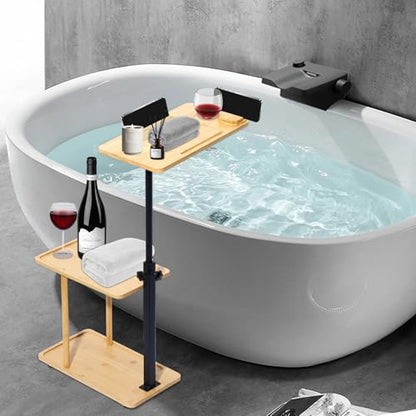 3 Layer Bath Tub Tray Table Liftable Freestanding Bamboo Bath Tray Caddy for Tub Against Wall Shelf Bathroom Organizer Shelf for Luxury Spa (Square) - color: Square