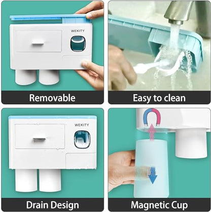 Multifunctional Wall-Mounted Toothbrush Holder, Automatic Toothpaste Dispenser Space Saving Toothbrush and Toothpaste Holder, with 2 Cup and Drawers Cosmetic Organizer (Blue) - color: Blue