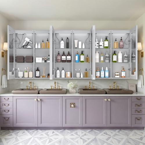 96x40" Extra-Wide Smart LED Medicine Cabinet, Outlets, Anti-Fog, Bathroom | Surface-Mount/Recessed, Double-Sided Mirror Cabinet, 3-Color Dim, 10 Bright Levels, DTC Soft-Close, Adjustable Shelfs - size: 96"Wx40"H