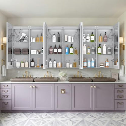 96x40" Extra-Wide Smart LED Medicine Cabinet, Outlets, Anti-Fog, Bathroom | Surface-Mount/Recessed, Double-Sided Mirror Cabinet, 3-Color Dim, 10 Bright Levels, DTC Soft-Close, Adjustable Shelfs - size: 96"Wx40"H