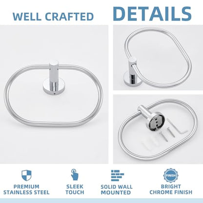 Hand Towel Ring for Bathroom, Rustproof Stainless Steel, Chrome | Flexible 180° Rotation, 7" Oval Towel Holder for Towel Storage, Quiet & Smooth Operation, Easy Towel Access, Drilling Mounted - color: Chrome