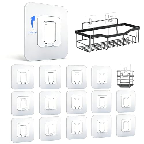 Shower Caddy Adhesive Replacement Hooks, Heavy Duty Waterproof Strips, No Drilling for Bathroom Shelves, Kitchen Racks, and Soap Holders (Transparent-14 Pack 1 Hook) - color: Transparent-14 Pack 1 Hook
