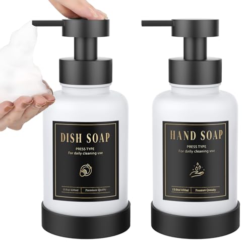 Luxspire Glass Foaming Soap Dispenser 15oz Hand Soap Bottle, White, 2 Pack | Anti-drip pump, wide mouth easy refill, non-slip silicone base, 7 waterproof labels, bathroom and kitchen sink use - color: White