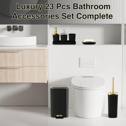 Bathroom Sets with Shower Curtain and Rugs Bathroom Accessories Set Black Bathroom Set,Soap Dispenser & Toilet Brush Holder Set with Stainless Steel Trash Can(23 PCS) - size: Black, style: Bath Set+Ombre Waffle Shower Curtain+Bath Rugs