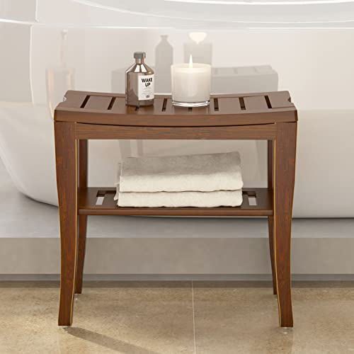 SogesHome Bamboo Shower Bench, Shower Caddies Foot Rest with Storage Shelf for Shampoo Towel, Ideal for Bathroom/Living Room/Bedroom, Dark Brown - color: Dark Brown