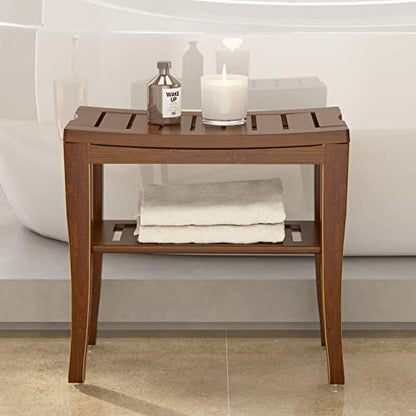 SogesHome Bamboo Shower Bench, Shower Caddies Foot Rest with Storage Shelf for Shampoo Towel, Ideal for Bathroom/Living Room/Bedroom, Dark Brown - color: Dark Brown