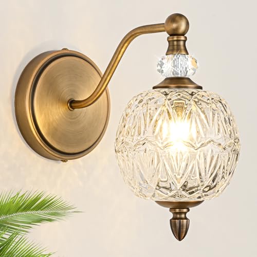 1 Piece Vintage Wall Sconce, 1-Light Mid Century Matte Antique Brass Finish Wall Sconce with Globe Glass Shade, Retro Light for Bathroom, Bedroom, Living Room,Powder Room - color: Antique Brass, size: 1 Light