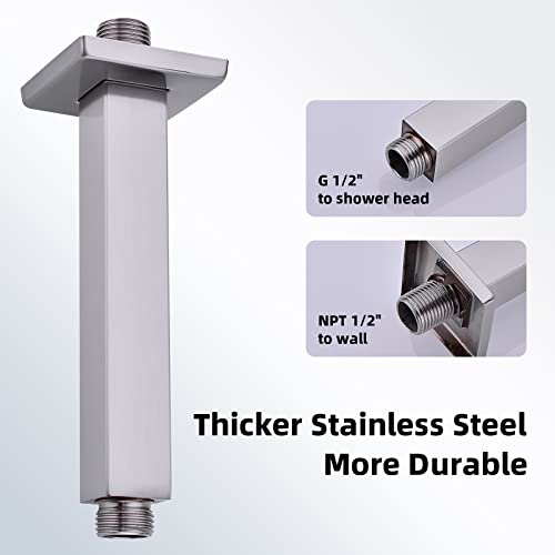 6 Inch Brushed Nickel Square Ceiling Mount Shower Arm and Flange | Stainless Steel Rainfall Straight Extension, Rain Head Shower Pipe - color: Brushed Nickel, style: 6 Inches