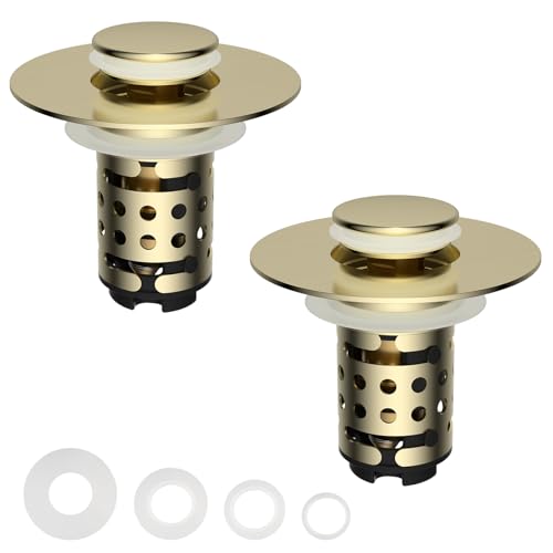 2PCS Universal Bathroom Sink Drain Strainer Hair Catcher, Brushed Gold | Upgraded with 2-Layer Detachable Filter Basket, 4 in 1 Pop Up Drain Strainer, Anti-Clog, Fit for 1.1''~2.36'' Sinks - color: Brushed Gold