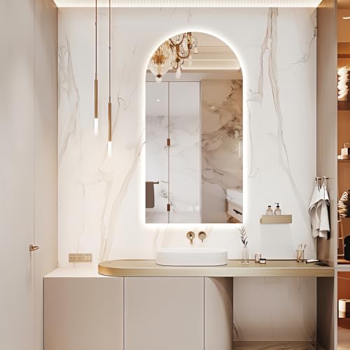 Niccy Arched LED Bathroom Mirrors, Frameless Backlit Vanity Mirror, 55"x28" | Wall Mounted Arch Mirror with Defogger & 3 Color Light, Explosion-Proof HD Glass, IP65 Waterproof for Bathroom - size: 55"L x 28"W
