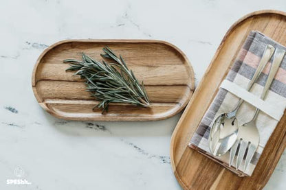 Acacia Wooden Serving Trays Set of 2 - Rectangular Oval Shaped Wood Plates for Charcuterie Cheese Bread Fruit Vegetable Dip Sushi - Rustic Serving Platter Shallow Dishes -14x7 & 11x5.5 In.