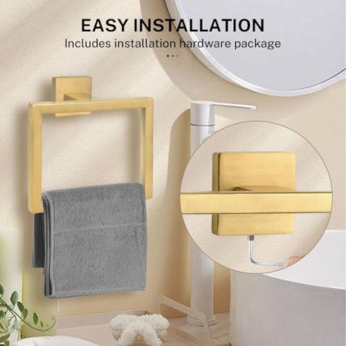2-Piece Brushed Gold Towel Ring,Square Hand Towel Holder,Stainless Steel Modern Towel Holder Wall-Mounted Bathroom Towel Ring Towel Rack - color: Brushed Gold, size: 2 Pcs